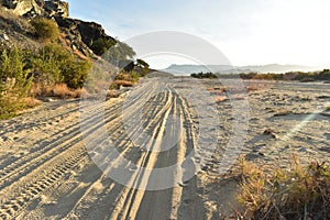 Tire tracks in sandy beach road Baja California Sur, Mexico