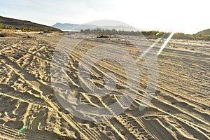 Tire tracks in sandy beach road Baja California Sur, Mexico