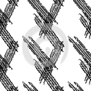 Tire tracks seamless background or pattern. Wheels print with grunge texture. Vector illustration.