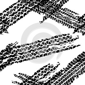 Tire tracks seamless background or pattern. Wheels print with grunge texture. Vector illustration.