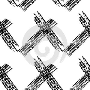 Tire tracks seamless background or pattern. Wheels print with grunge texture. Vector illustration.