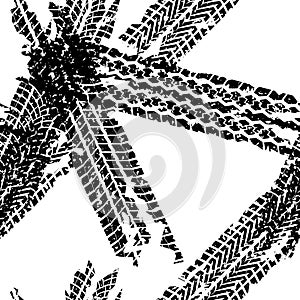 Tire tracks seamless background or pattern. Wheels print with grunge texture. Vector illustration.