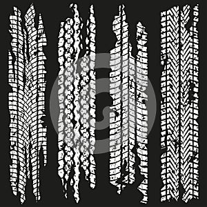 Tire tracks set with dirty grunge texture. Wheel tyre tread print. Vector illustration.