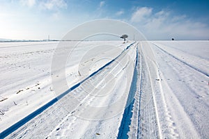 Tire tracks on snow covered road