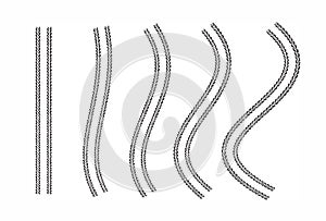 Tire tracks vector set design elements with varying degrees of curvature.