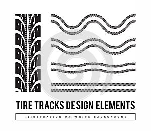 Tire tracks vector set design elements with varying degrees of curvature.