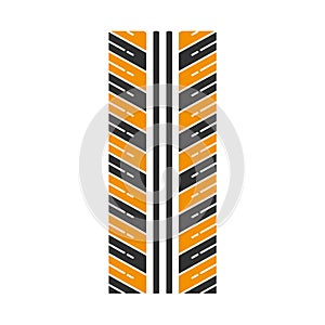 Tire tread black and yellow RGB color icon. Detailed automobile, motorcycle tyre marks. Directional car wheel trace with