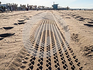 Tire tread marks from car or atv on beach with surfer and lifeguards