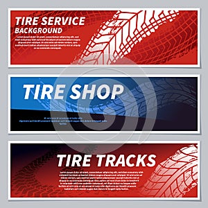 Tire tread tracks banners. Motorcycle, car and race bike dirty grunge road tire prints. Tread automobile, motor sport