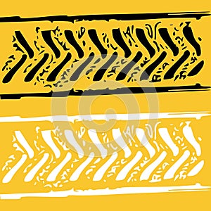 Tire tread tracks. Car, motorcycle and bicycle mark prints bike wheel on traces on yellow background vector illustration