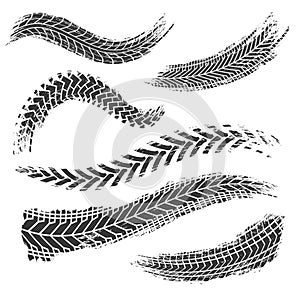 Tire tread tracks. Car, motorcycle and bicycle mark prints. Rally bike wheel dirty traces. Motocross vector collection