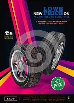 Tire vector. Vector automotive banner template. Black rubber illustration. Advertising poster, digital banner, flyer, booklet, bro
