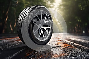 Tire on a wet road. Summer theme with copy space. Stormy weather driving safety concept. Generative Ai