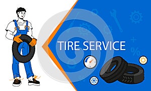 Tire wheel service or shop, car repair garage banner cartoon vector illustration.