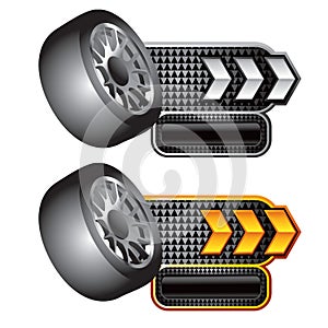 Tire on white and gold arrow checkered banners