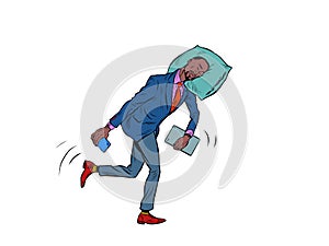 A tired African businessman sleeps on the move. Goes to work in the morning with his head on a pillow