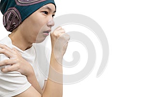 Tired asian lady girl with visceral pain in her body from spread of advanced cancer,fatigue without strength after cancer