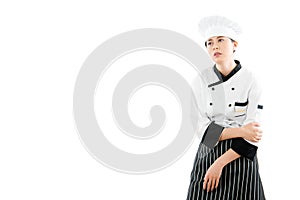 Tired asian woman chef feel arm injury
