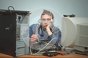 Computer repairman. Computer technician engineer. Support service.