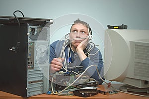 Computer repairman. Computer technician engineer. Support service.