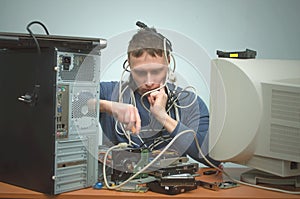 Computer repairman. Computer technician engineer. Support service.