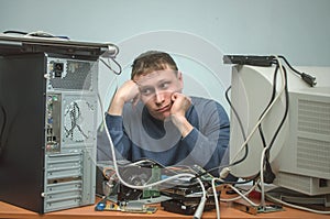Computer repairman. Computer technician engineer. Support service.