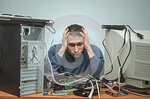 Computer repairman. Computer technician engineer. Support service.