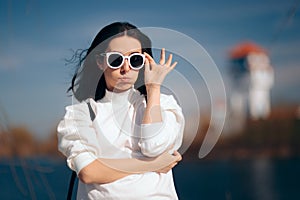 Tired Bored Female Tourist Wearing Stylish Sunglasses