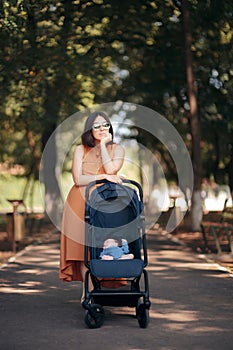 Tired Bored Mother Walking Newborn in Baby Stroller