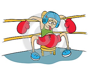 Tired boxer in helmet and gloves resting in the corner of the ring.