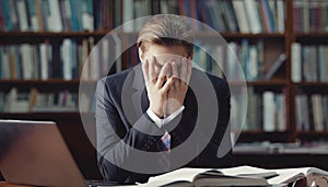 Tired business-looking man sitting library