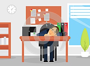 Tired Business Man Character Sleeping Rested His Head on Office Desk Vector Illustration