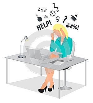 Exhausted woman working at office desk and touching her head. Overworked and tired businesswoman or office worker sitting at the d