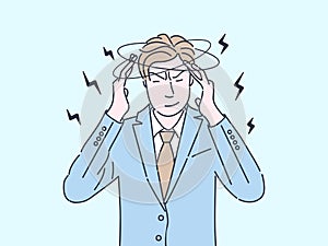 Tired businessman flat color illustration. Man feeling exhausted and unhealthy, having headache, dizziness isolated