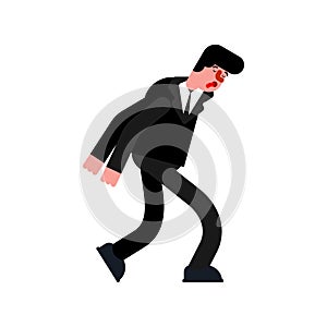 Tired businessman goes hunched over. vector illustration