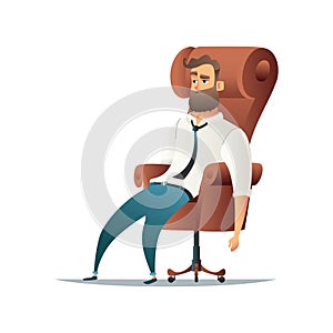 Tired businessman sitting in chair. Exhausted office worker or manager relaxing. Cartoon vector Illustration.