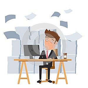 Tired businessman sitting at office desk and pile of paper work. Tired employee and want to help. Deadline concept.