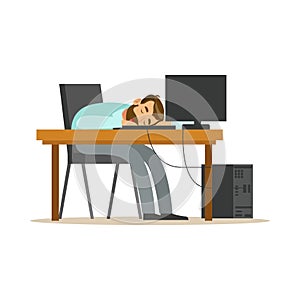 Tired businessman sleeping at workplace on laptop keyboard, exhausted office worker relaxing vector Illustration