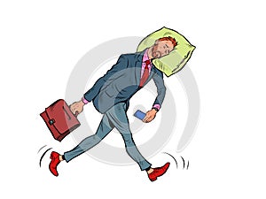 A tired businessman sleeps on the move. Goes to work in the morning with his head on a pillow