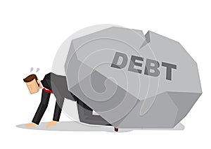 Tired businessman under a giant rock title debt. Corporate business crisis, disaster, misfortune or fail concept. Isolated vector