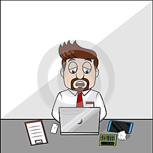 Tired Businessman Work On His Desk Color Illustration