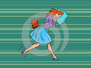 A tired businesswoman sleeps on the move. Goes to work in the morning with his head on a pillow