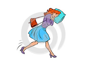 A tired businesswoman sleeps on the move. Goes to work in the morning with his head on a pillow