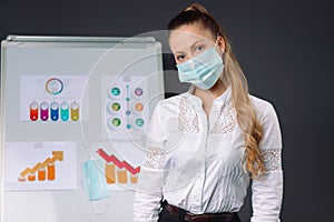 Tired businesswoman wearing a medical mask at a presentation. Pandemic, business concept photo