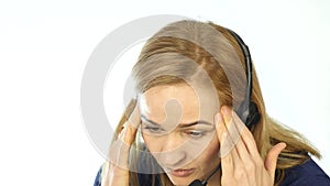 Tired call center representative talking on helpline, Headset telemarketing female call center agent at work. 4K