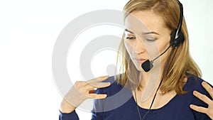 Tired call center representative talking on helpline, Headset telemarketing female call center agent at work. slow