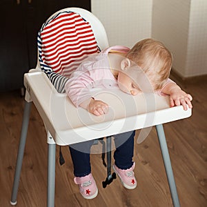 Tired child sleeping in highchair after the lunch. Cute baby girllying his face on the table tray.