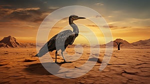 Tired Cormorant: Hyper-realistic Sci-fi Bird In Desert At Sunset photo