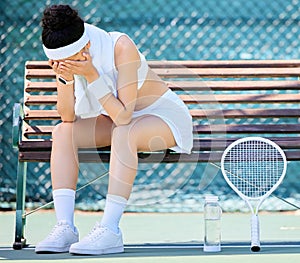 Tired, crying and tennis player with fail in a competition, depression from training stress and mistake in sports
