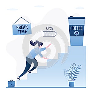 Tired employee crawls up stairs for cup of coffee. Break time, businesswoman with low battery. Coffee to go. Timeout after hard